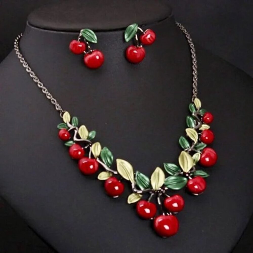 Cherry Necklace Earrings Enamel 3pc Set Bomb Sweet Bib Collar Choker Sexy Trendy